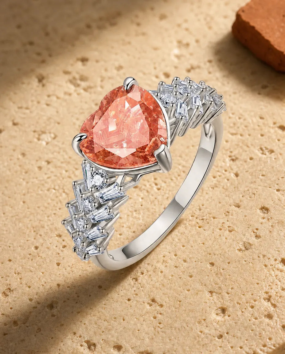 Bague Saphir Rose – Cœur Créé en Laboratoire avec Cascade de Baguettes Art Déco en Argent 925, cadeau pour Elle