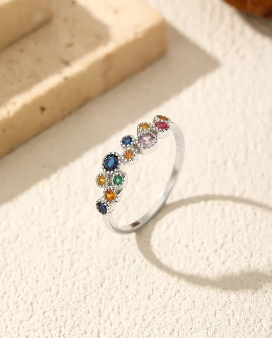 Bague zircons multicolores - pierres bleues, jaunes, vertes et roses serties millegrain, argent 925, tailles US 5 à 9