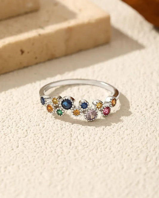 Bague zircons multicolores - pierres bleues, jaunes, vertes et roses serties millegrain, argent 925, tailles US 5 à 9