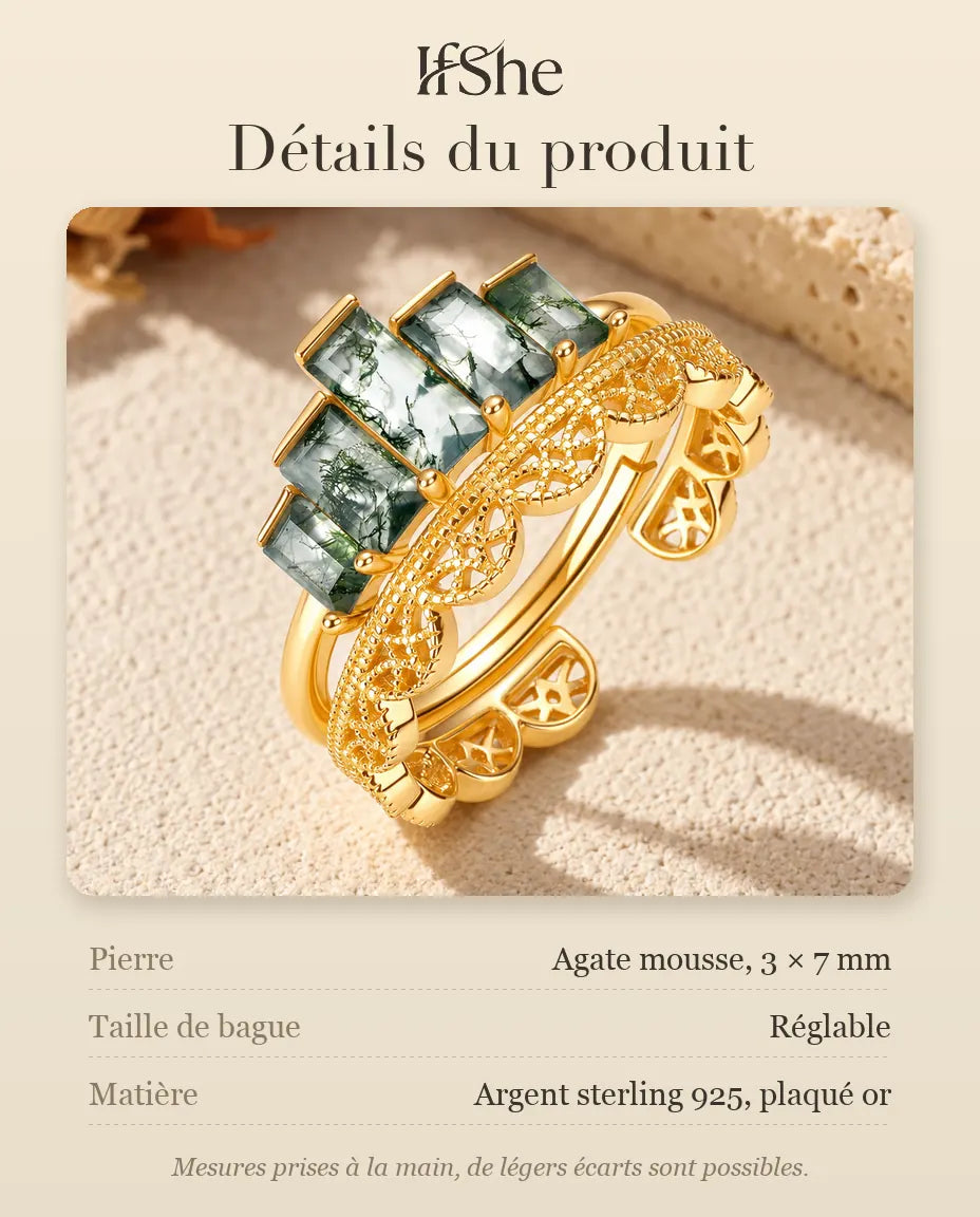 Lot de Bagues Empilables Agate Mousse en Argent 925 Plaqué Or - détails du produit : taille de la pierre, taille de bague et matière