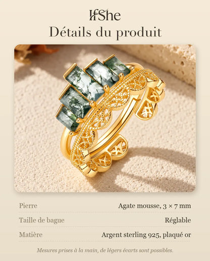 Lot de Bagues Empilables Agate Mousse en Argent 925 Plaqué Or - détails du produit : taille de la pierre, taille de bague et matière