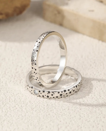 Bague Moissanite – Duo de Bagues Couple Assorties Motif Étoiles, Pierres Couleur D Créées en Laboratoire, Argent 925, Cadeau pour Couple
