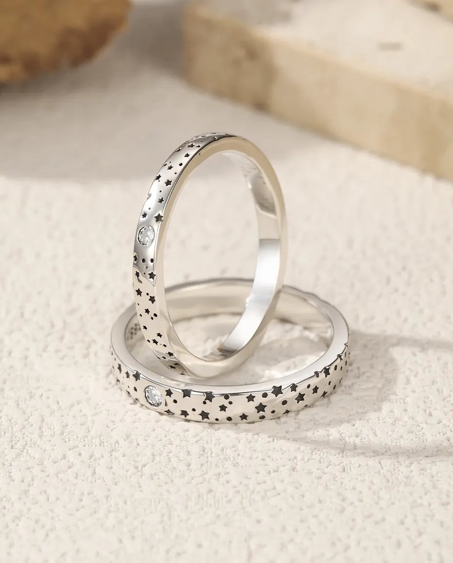 Bague Moissanite – Duo de Bagues Couple Assorties Motif Étoiles, Pierres Couleur D Créées en Laboratoire, Argent 925, Cadeau pour Couple