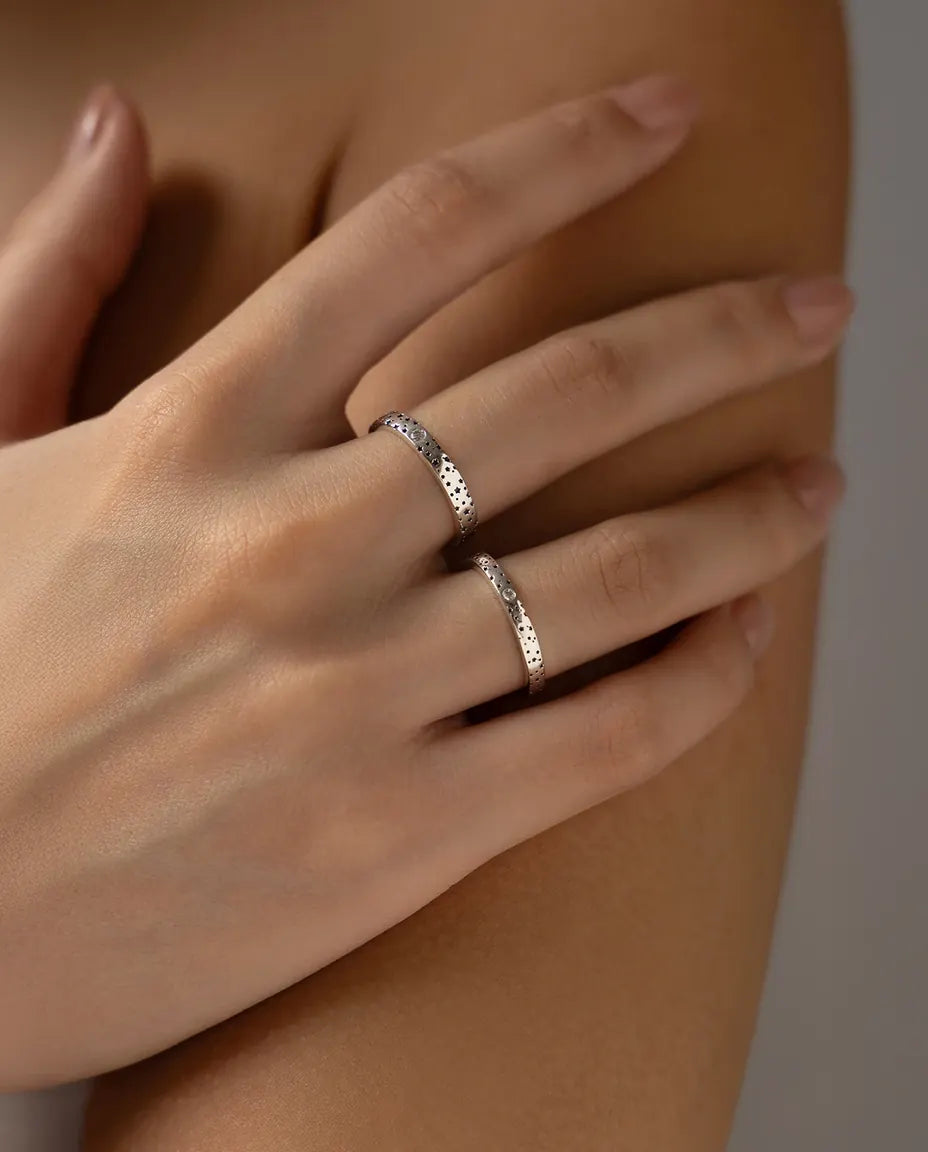 Bague Moissanite – Duo de Bagues Couple Assorties Motif Étoiles, Pierres Couleur D Créées en Laboratoire, Argent 925, Cadeau pour Couple