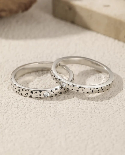 Bague Moissanite – Duo de Bagues Couple Assorties Motif Étoiles, Pierres Couleur D Créées en Laboratoire, Argent 925, Cadeau pour Couple