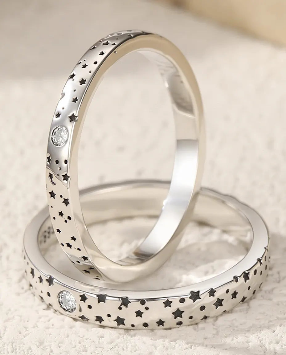 Bague Moissanite – Duo de Bagues Couple Assorties Motif Étoiles, Pierres Couleur D Créées en Laboratoire, Argent 925, Cadeau pour Couple