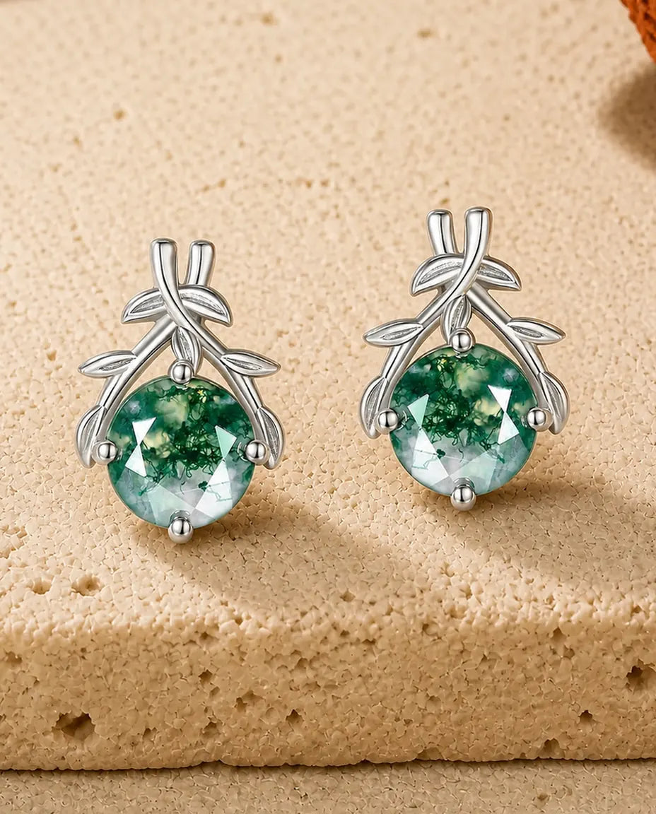 Boucles d'oreilles agate mousse - Agate mousse ronde sous des branches d'olivier croisées, argent 925, cadeau pour elle