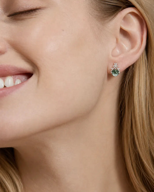 Boucles d'oreilles agate mousse - Agate mousse ronde sous des branches d'olivier croisées, argent 925, cadeau pour elle
