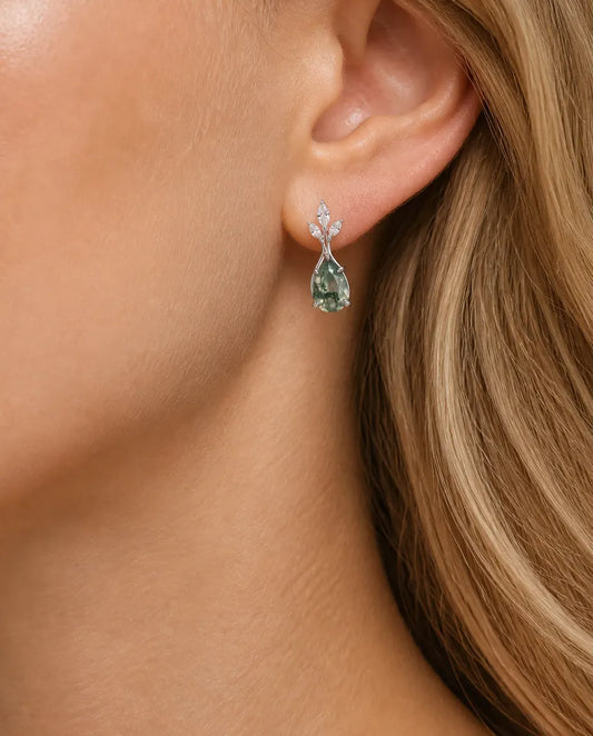 Boucles d'oreilles agate mousse - Brins de feuilles avec tige courbe et goutte d'agate mousse, argent 925, cadeau pour elle