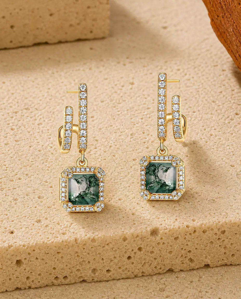 Boucles d'oreilles agate mousse - Carré d'agate verte cerclé de zircons sur barrette pavée, argent 925 en argenté ou doré, cadeau pour elle