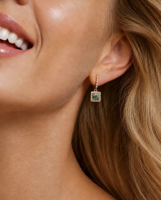 Boucles d'oreilles agate mousse - Carré d'agate verte cerclé de zircons sur barrette pavée, argent 925 en argenté ou doré, cadeau pour elle