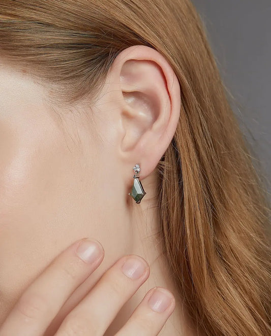 Boucles d'oreilles pendantes en agate mousse - Taille cerf-volant avec trio de zircons, argent 925, cadeau pour elle