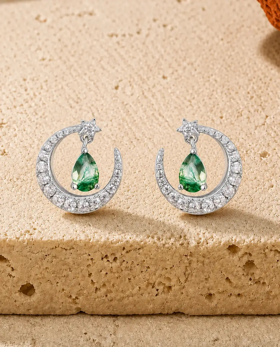 Boucles d'oreilles agate mousse - Croissant de lune avec étoile et goutte d'agate mousse, argent 925, cadeau pour elle