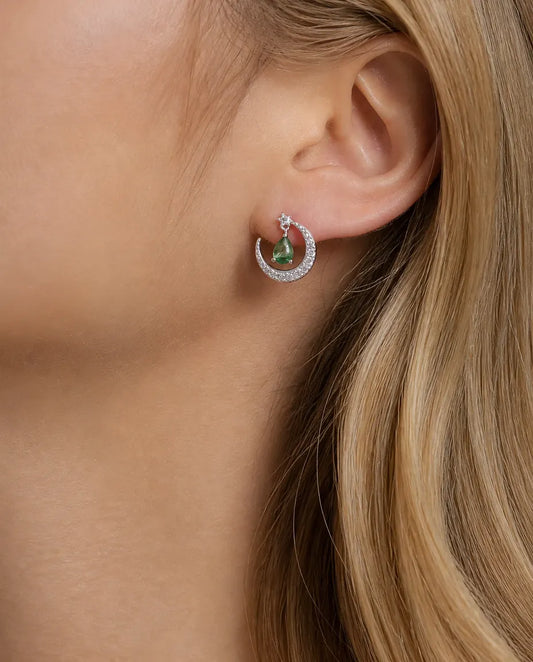 Boucles d'oreilles agate mousse - Croissant de lune avec étoile et goutte d'agate mousse, argent 925, cadeau pour elle