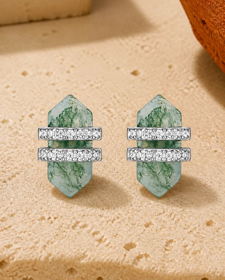 Boucles d'oreilles agate mousse - Cristal double pointe en agate verte avec deux barrettes de zircons, argent 925, cadeau pour elle
