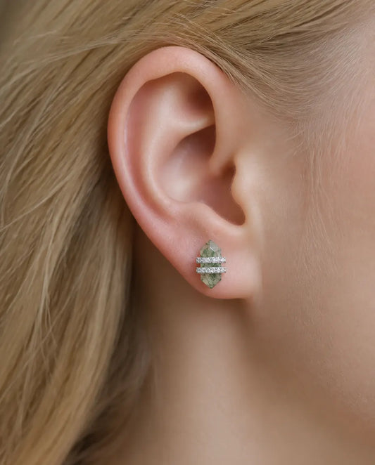 Boucles d'oreilles agate mousse - Cristal double pointe en agate verte avec deux barrettes de zircons, argent 925, cadeau pour elle
