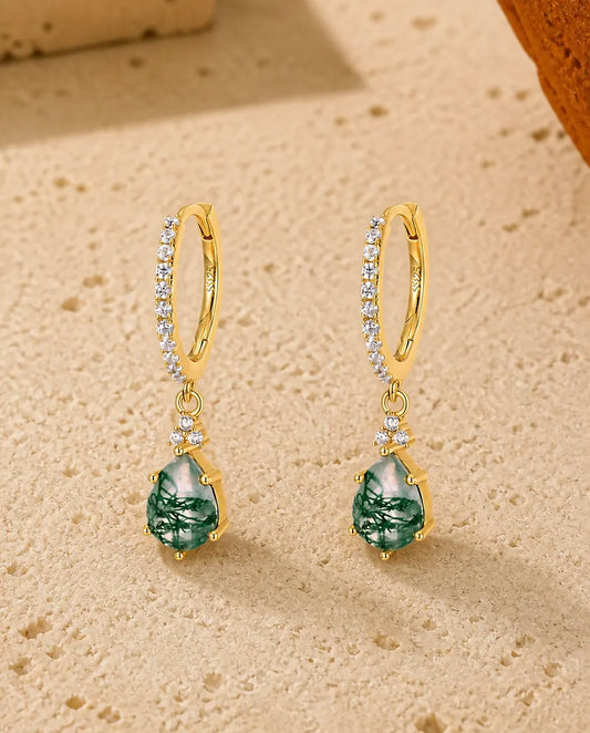 Créoles agate mousse - Goutte d'agate verte suspendue à une créole pavée de zircons, argent 925 doré, cadeau pour elle