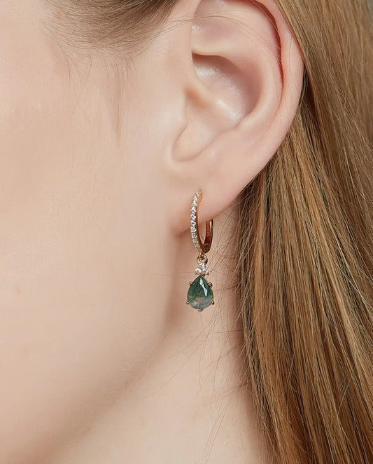 Créoles agate mousse - Goutte d'agate verte suspendue à une créole pavée de zircons, argent 925 doré, cadeau pour elle