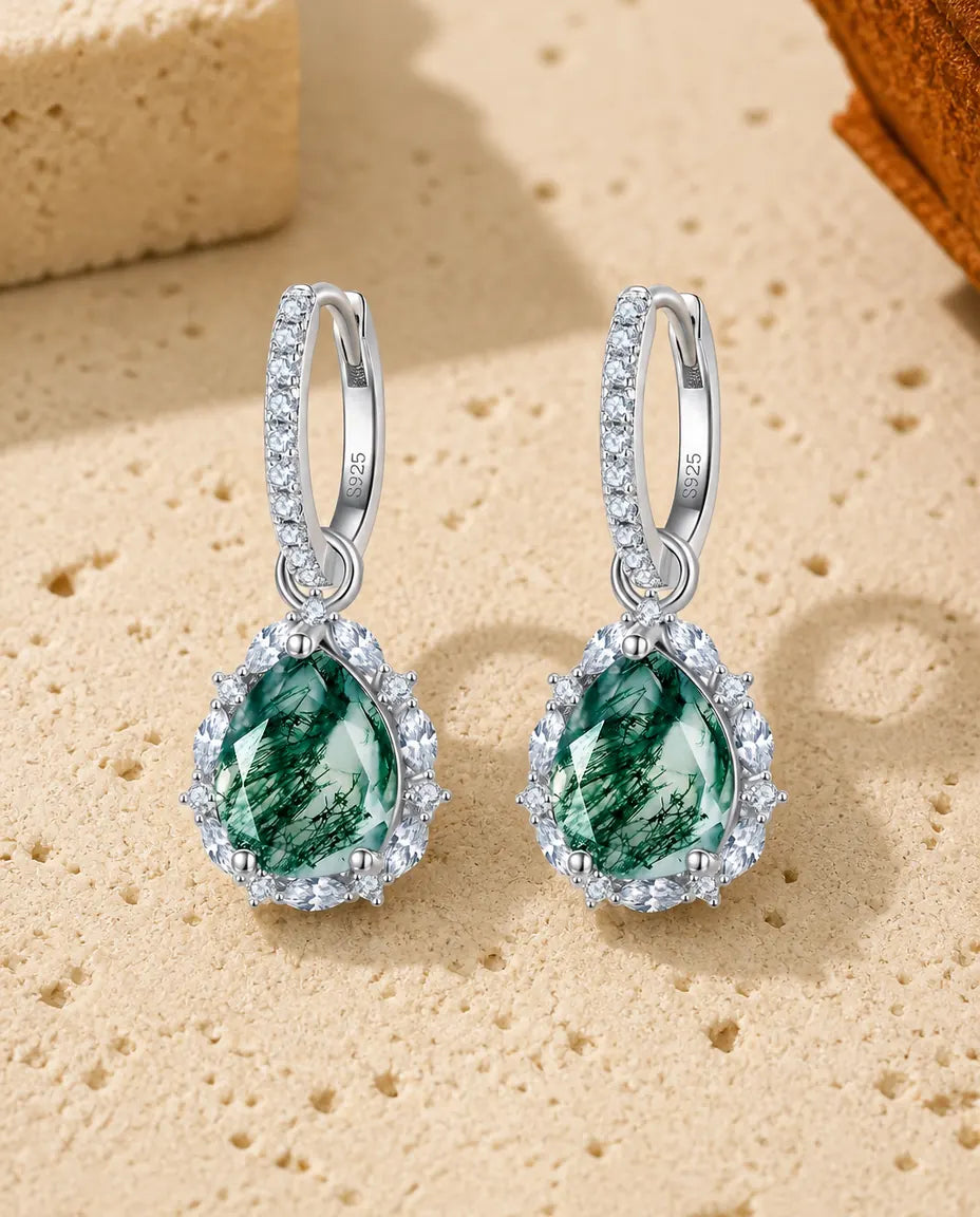 Boucles d'oreilles agate mousse halo - Taille poire sur créoles pavées de zircons, argent 925, cadeau pour elle