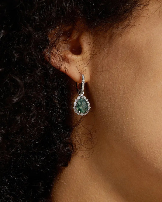 Boucles d'oreilles agate mousse halo - Taille poire sur créoles pavées de zircons, argent 925, cadeau pour elle