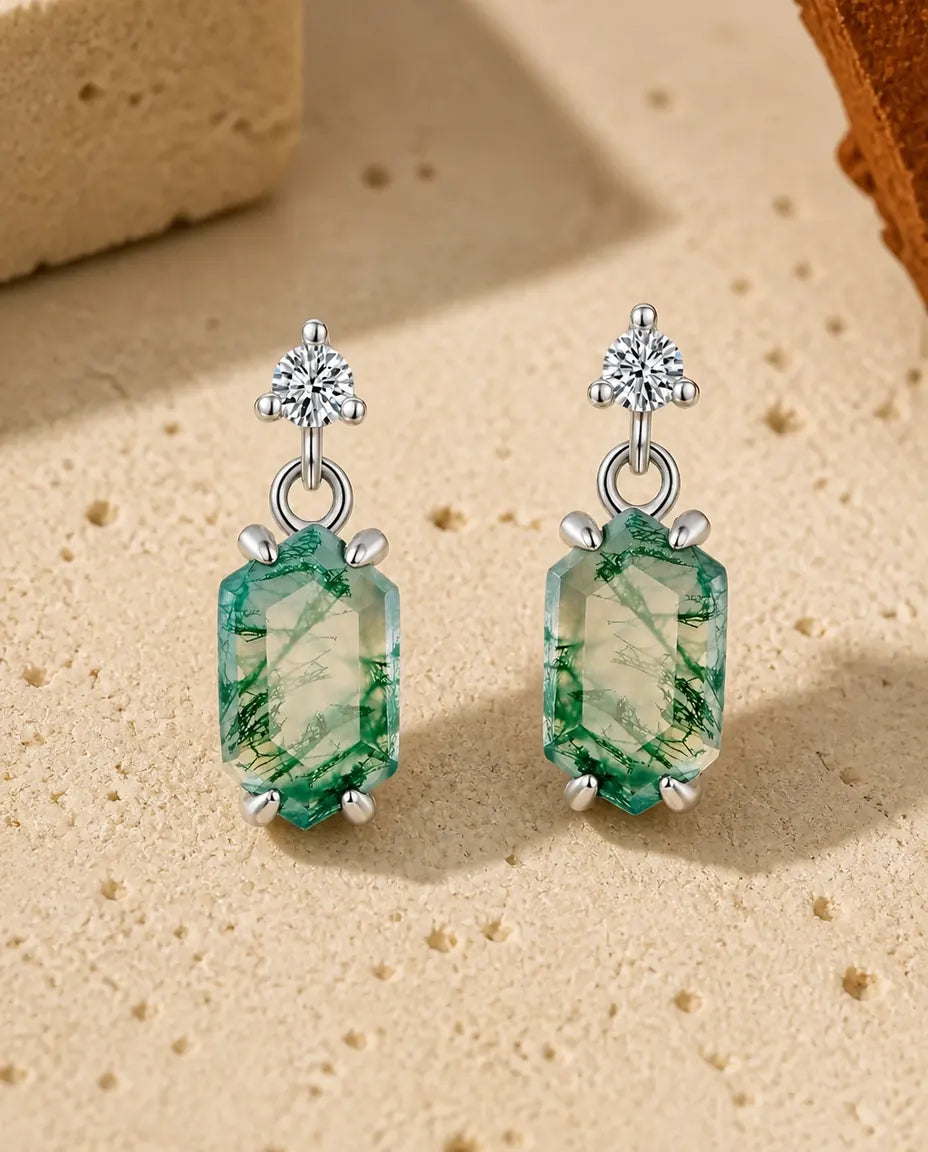 Boucles d'oreilles pendantes en agate mousse - Octogone allongé avec zircon, argent 925, cadeau pour elle