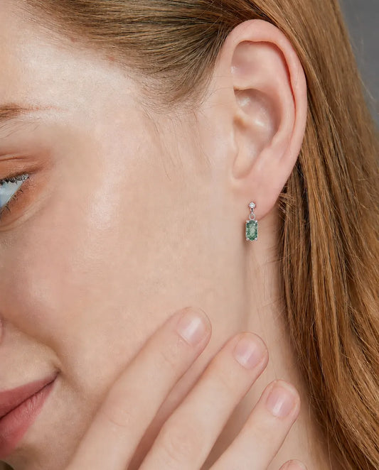 Boucles d'oreilles pendantes en agate mousse - Octogone allongé avec zircon, argent 925, cadeau pour elle