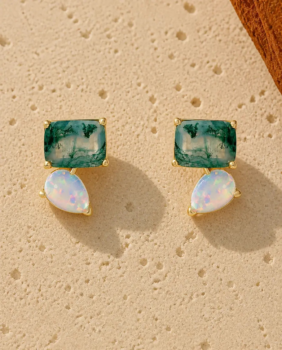 Boucles d'oreilles agate mousse - Agate mousse rectangulaire avec opale poire, argent 925 plaqué or, cadeau pour elle