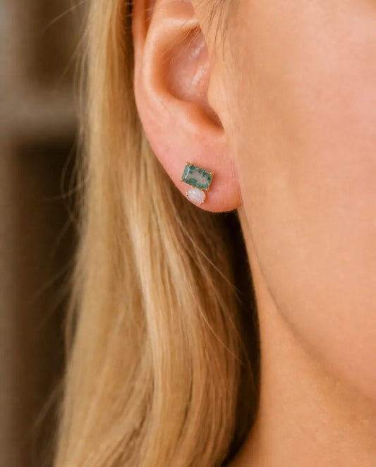 Boucles d'oreilles agate mousse - Agate mousse rectangulaire avec opale poire, argent 925 plaqué or, cadeau pour elle