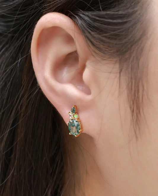 Boucles d'oreilles agate mousse - Agate verte ovale avec opale et zircon, argent 925 plaqué or 10K, cadeau pour elle