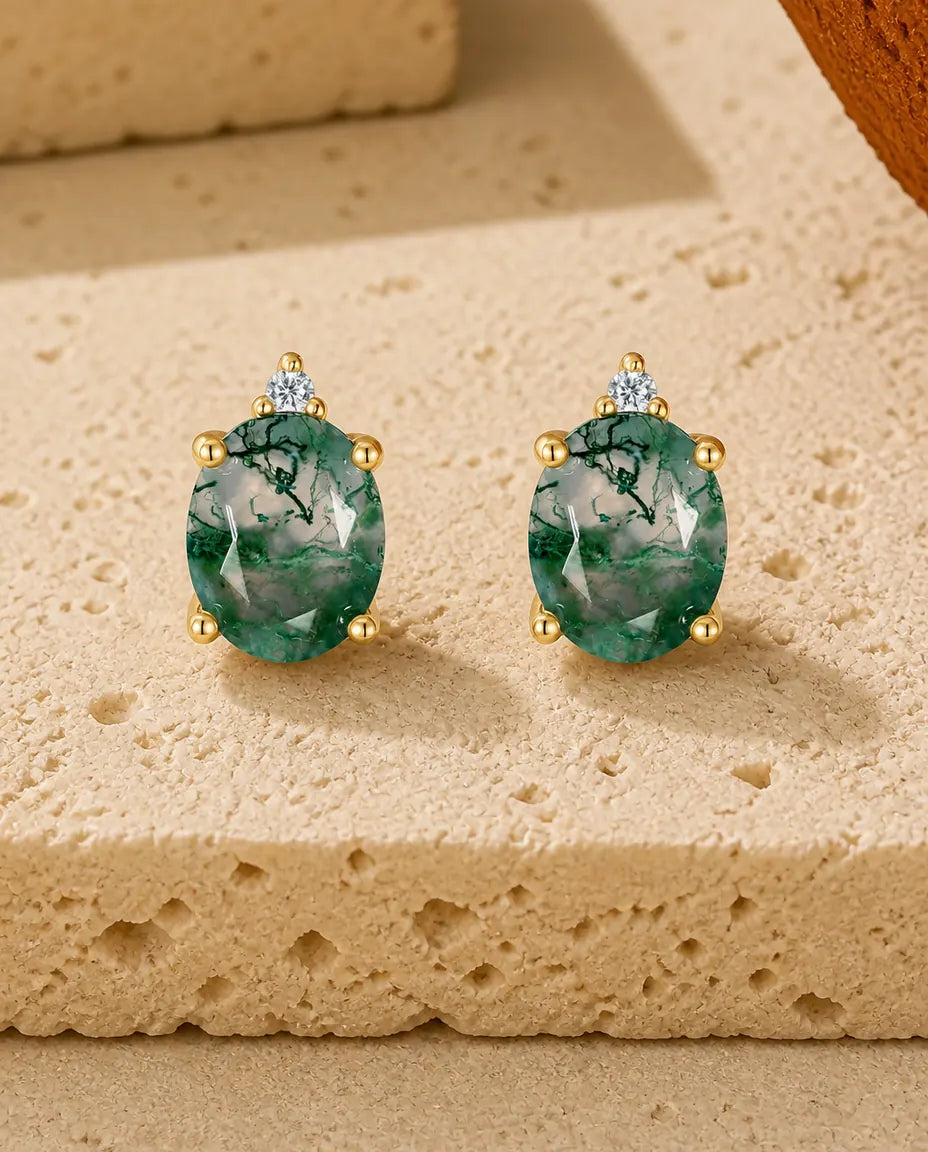 Boucles d'oreilles agate mousse - Ovale d'agate verte surmonté d'un zircon, argent 925 plaqué or 10K, cadeau pour elle