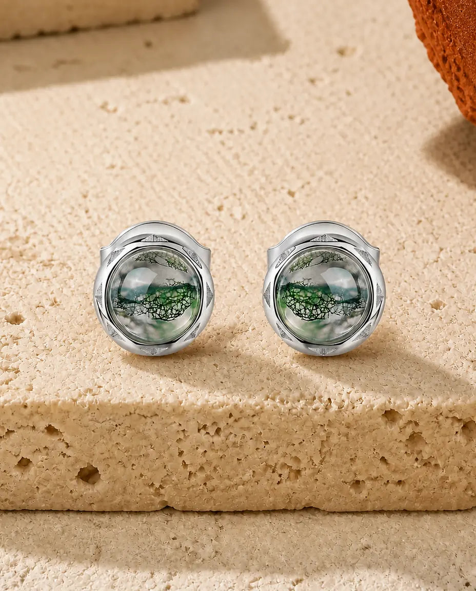Boucles d'oreilles agate mousse - Cabochon rond d'agate verte serti d'une corde torsadée, argent 925, cadeau pour elle