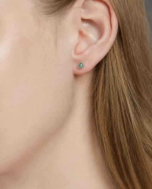 Boucles d'oreilles agate mousse - Cabochon rond d'agate verte serti d'une corde torsadée, argent 925, cadeau pour elle