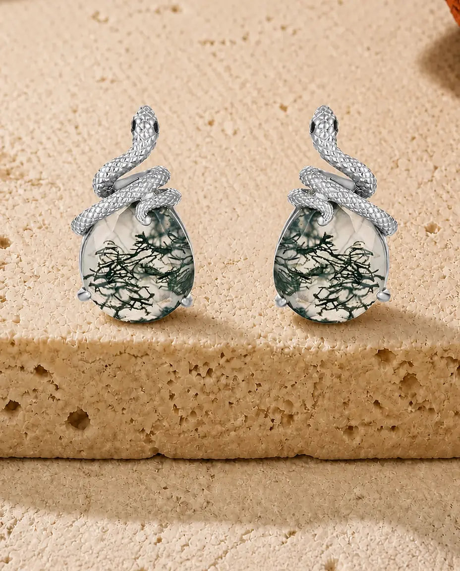 Boucles d'oreilles agate mousse - Serpent enroulé sur cabochon poire, argent 925, cadeau pour elle