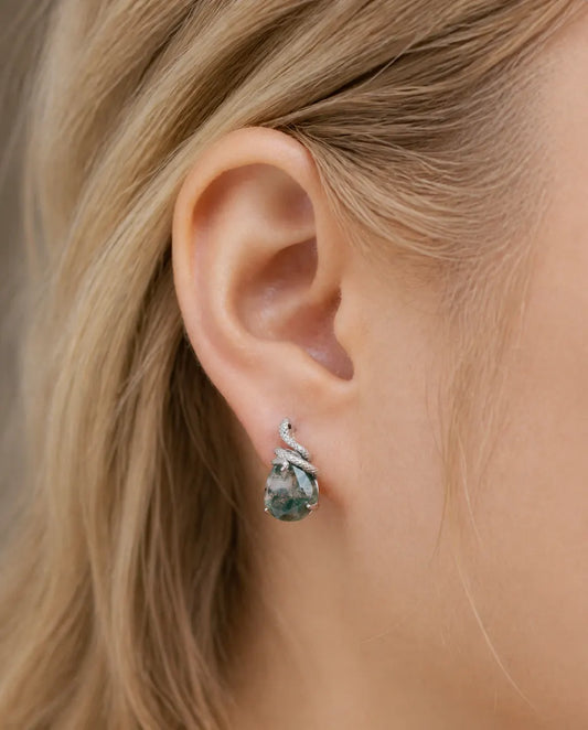 Boucles d'oreilles agate mousse - Serpent enroulé sur cabochon poire, argent 925, cadeau pour elle