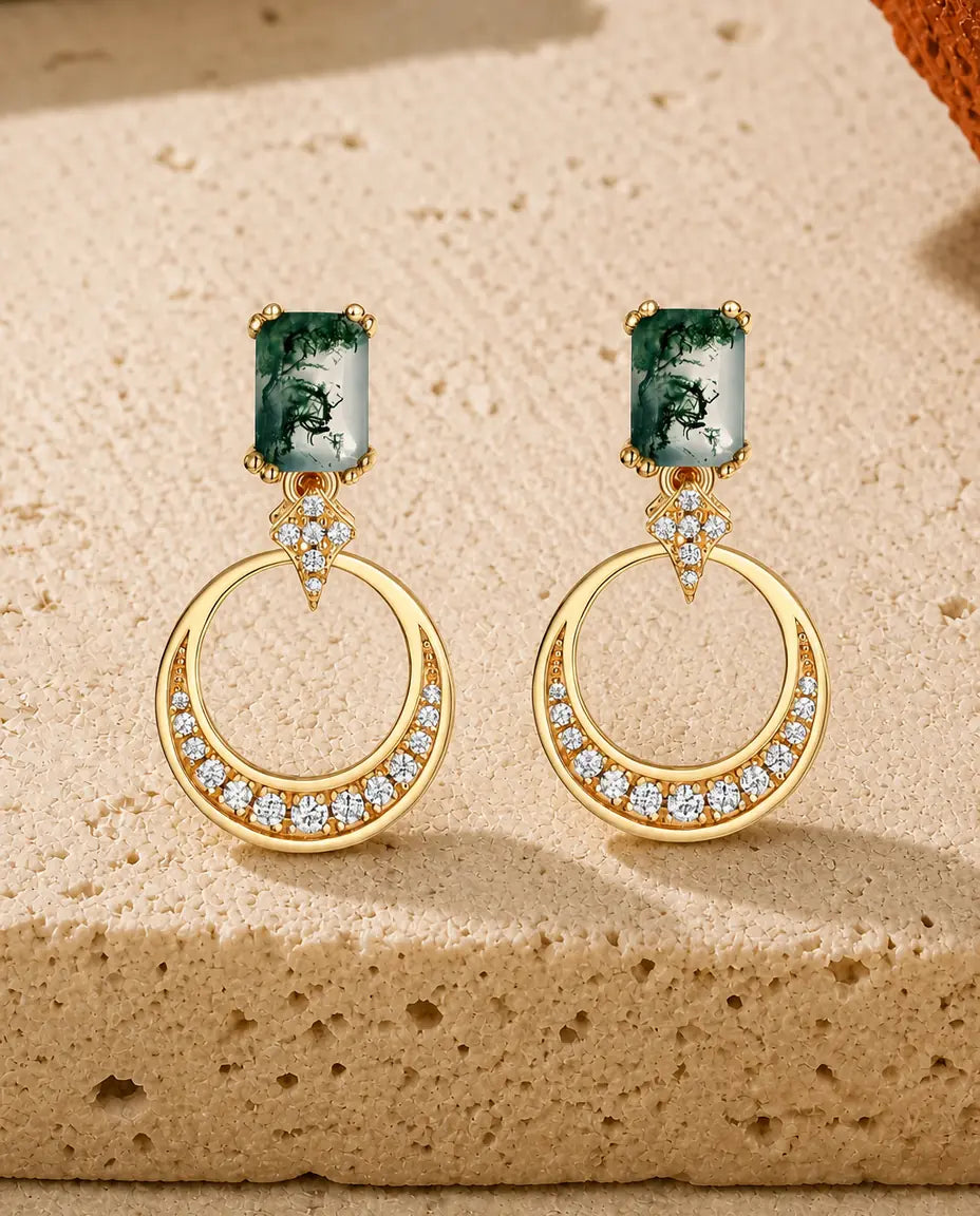 Boucles d'oreilles agate mousse - Agate mousse taille émeraude et cercle pavé ouvert, argent 925 en argent ou or, cadeau pour elle