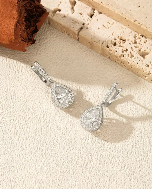 Boucles d'oreilles Goutte à halo de zircons - fermoir dormeuse pavé, 28,5 mm, argent 925