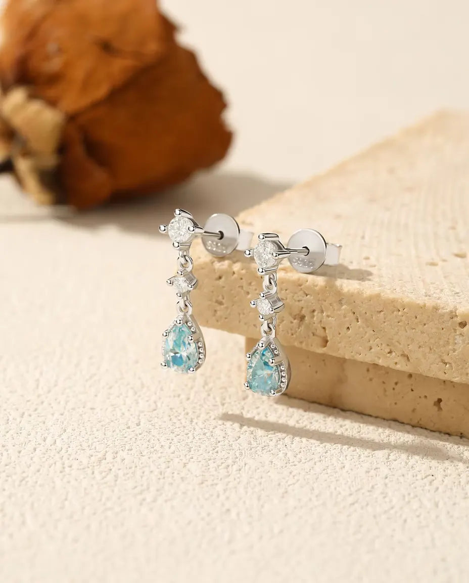Boucles d'Oreilles Moissanite Bleu Aqua - poires de 0,50 ct 4 x 6 mm avec accents en zircon, argent 925, 18 mm