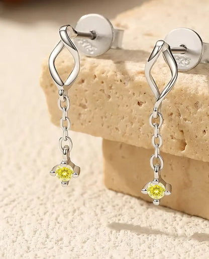 Boucles d'Oreilles Moissanite Jaune - pierres de 2 mm sur chaîne fine sous un clou marquise torsadé, argent 925