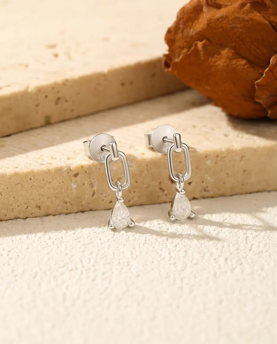 Boucles d'oreilles moissanite taille poire – maillon allongé et pierre de 0,35 ct couleur D en argent 925