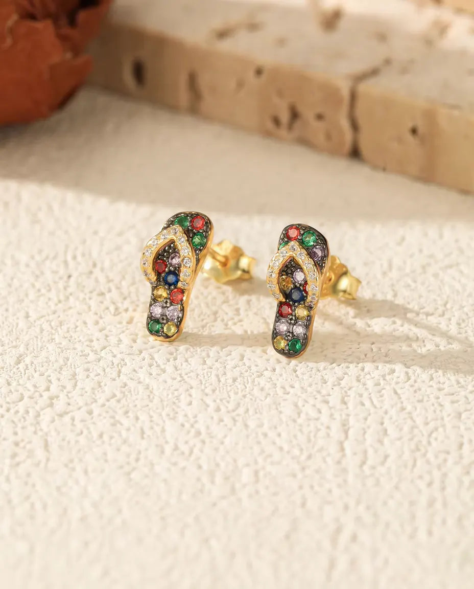 Boucles d'Oreilles Tongs à pierres de couleur - argent 925 plaqué or 18 carats, 4,5 x 11 mm