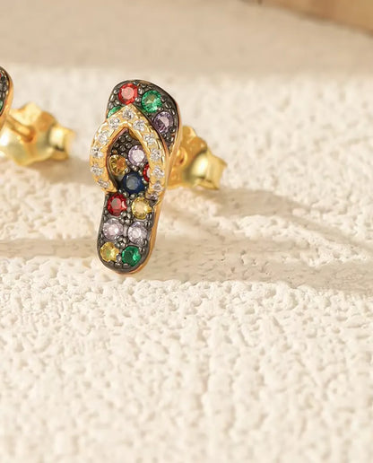 Boucles d'Oreilles Tongs à pierres de couleur - argent 925 plaqué or 18 carats, 4,5 x 11 mm