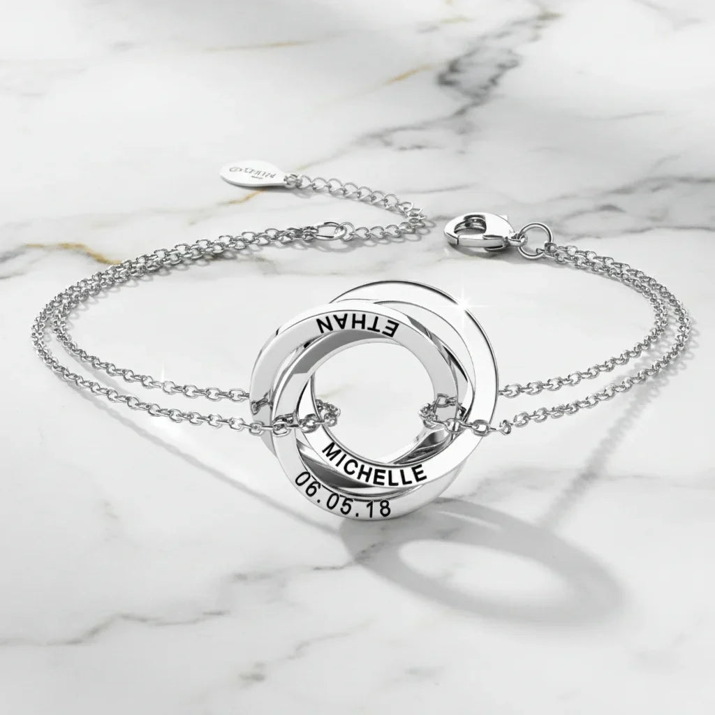 Bracelet Personnalisé Femme – 3 à 5 Anneaux Russes Entrelacés Gravés, Argent 925 ou Vermeil, Cadeau pour Elle