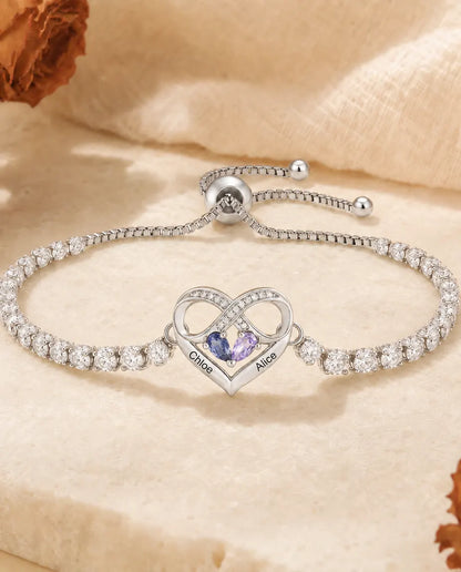 Bracelet Pierre de Naissance Personnalisé avec 2 Prénoms - bracelet tennis cœur infini, deux pierres et deux gravures, réglable