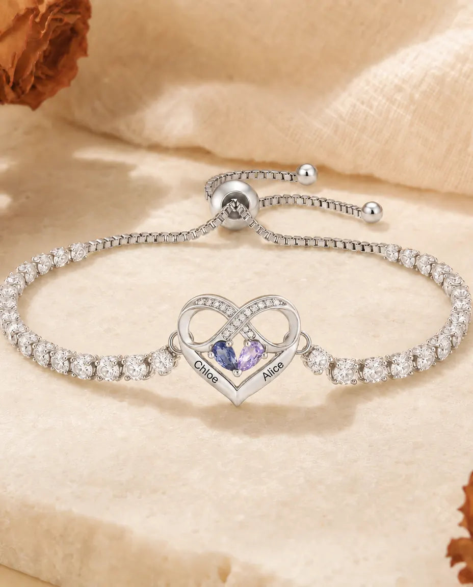 Bracelet Pierre de Naissance Personnalisé avec 2 Prénoms - bracelet tennis cœur infini, deux pierres et deux gravures, réglable
