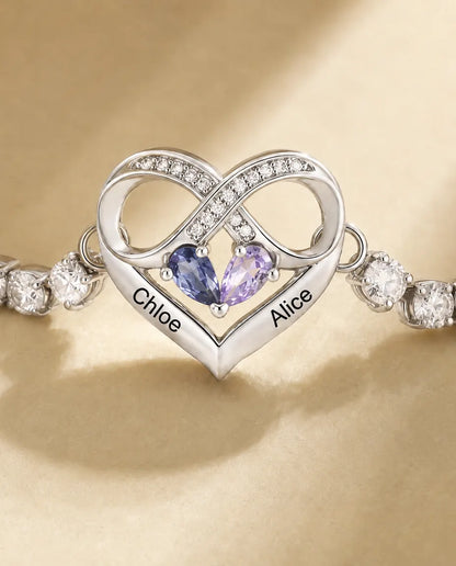 Bracelet Pierre de Naissance Personnalisé avec 2 Prénoms - bracelet tennis cœur infini, deux pierres et deux gravures, réglable