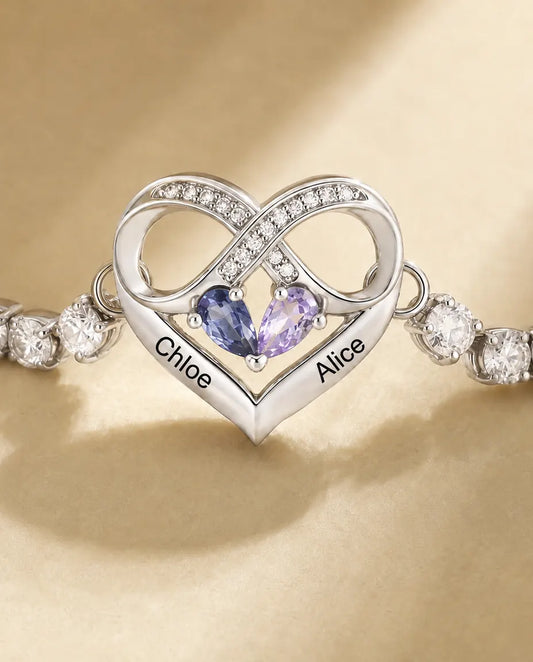 Bracelet Pierre de Naissance Personnalisé avec 2 Prénoms - bracelet tennis cœur infini, deux pierres et deux gravures, réglable