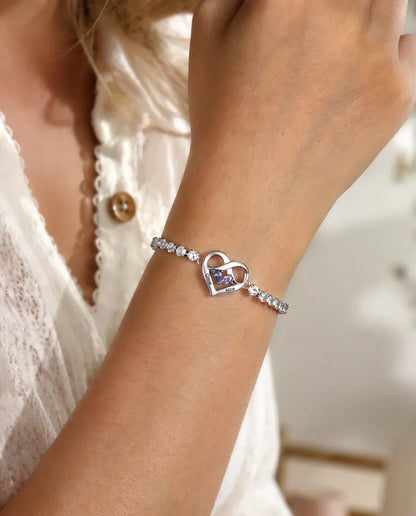 Bracelet Pierre de Naissance Personnalisé avec 2 Prénoms - bracelet tennis cœur infini, deux pierres et deux gravures, réglable
