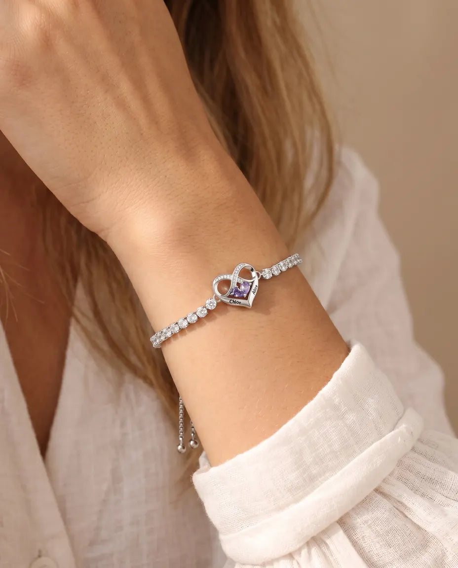 Bracelet Pierre de Naissance Personnalisé avec 2 Prénoms - bracelet tennis cœur infini, deux pierres et deux gravures, réglable
