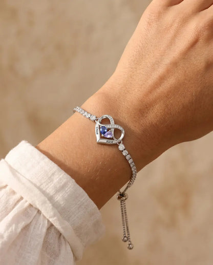 Bracelet Pierre de Naissance Personnalisé avec 2 Prénoms - bracelet tennis cœur infini, deux pierres et deux gravures, réglable
