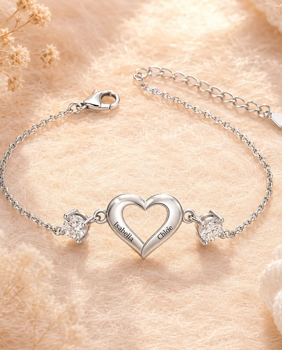 Bracelet Pierre de Naissance Personnalisé 2 Prénoms - cœur ouvert gravé et deux pierres, réglable, rhodié